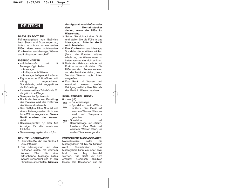 Deutsch | Babyliss 8046E Hydro Spa Plus User Manual | Page 7 / 40