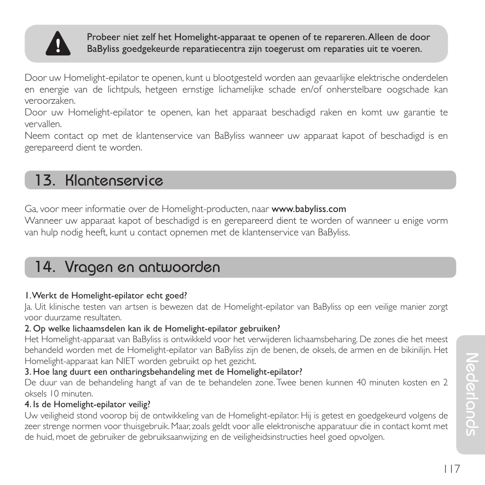 Nederlands, Klantenservice, Vragen en antwoorden | Babyliss G910E Homelight User Manual | Page 115 / 120