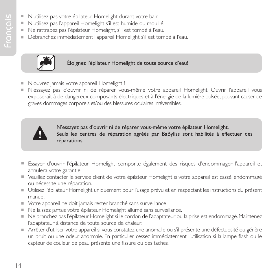 Français | Babyliss G910E Homelight User Manual | Page 12 / 120