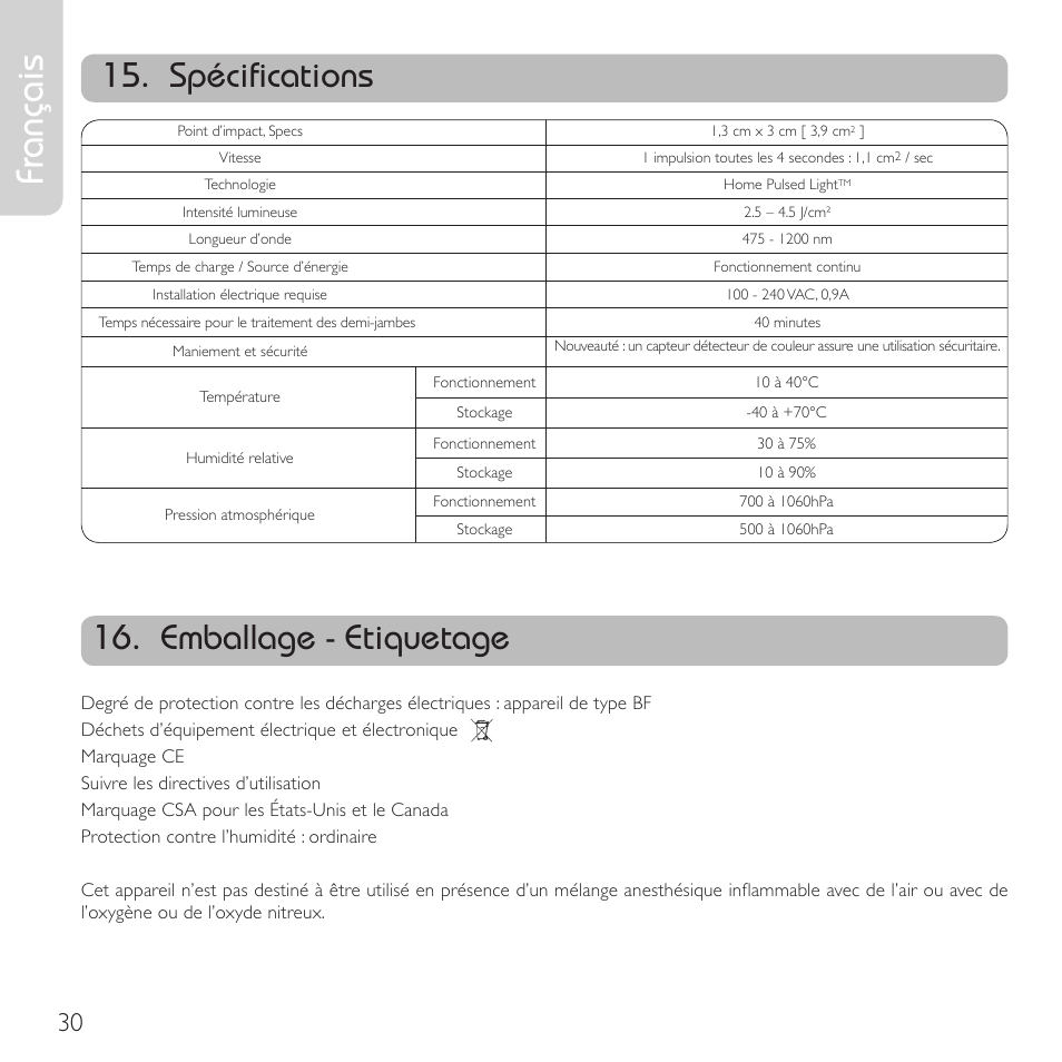 Français, Spécifications, Emballage - etiquetage | Babyliss G910E Homelight User Manual | Page 28 / 120