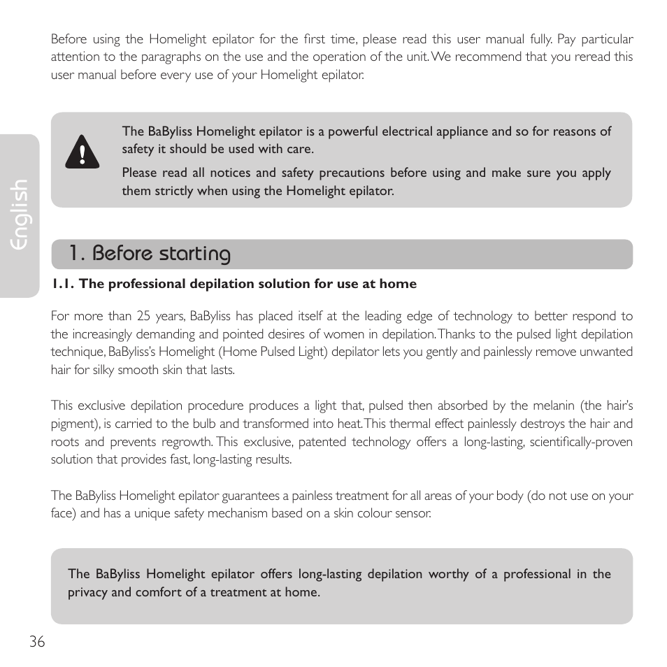 English, Before starting | Babyliss G910E Homelight User Manual | Page 34 / 120