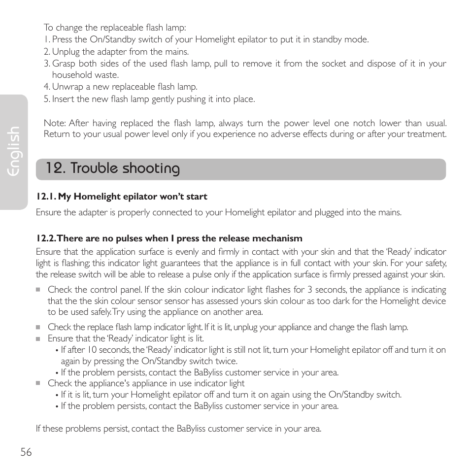 English, Trouble shooting | Babyliss G910E Homelight User Manual | Page 54 / 120
