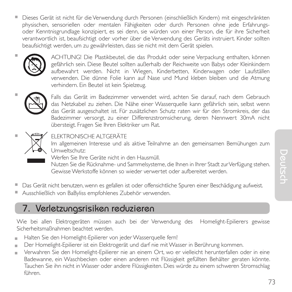 Deutsch, Verletzungsrisiken reduzieren | Babyliss G910E Homelight User Manual | Page 71 / 120