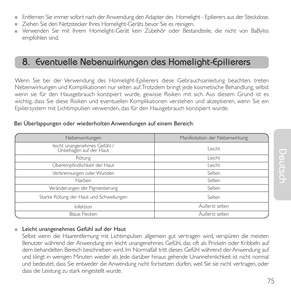 Deutsch, Eventuelle nebenwirkungen des homelight-epilierers | Babyliss G910E Homelight User Manual | Page 73 / 120