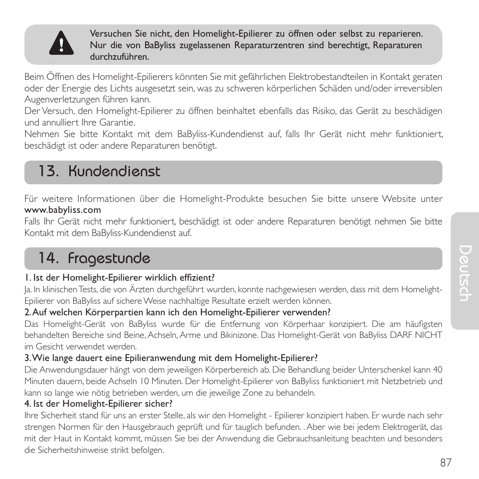 Deutsch, Kundendienst, Fragestunde | Babyliss G910E Homelight User Manual | Page 85 / 120