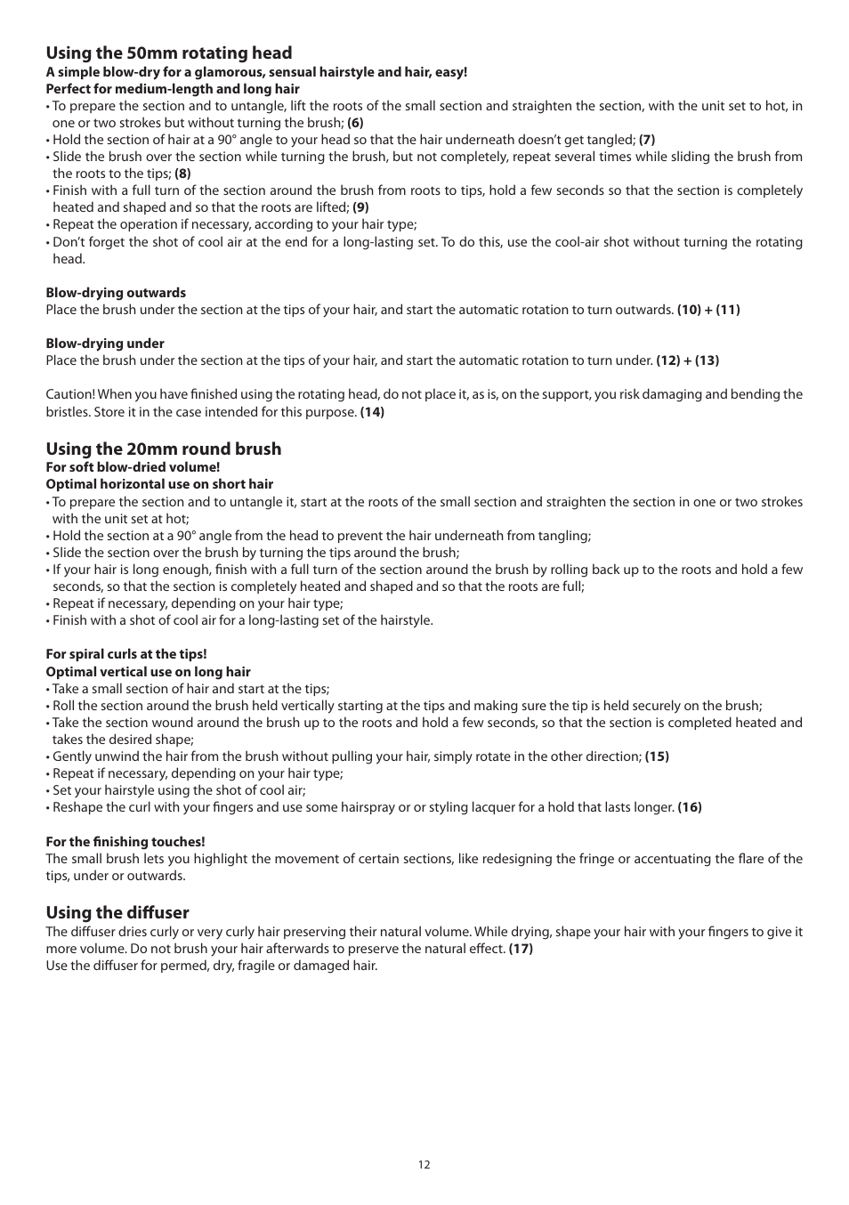 Using the 50mm rotating head, Using the 20mm round brush, Using the diffuser | Babyliss 2735E Beliss brushing 1000W User Manual | Page 12 / 73