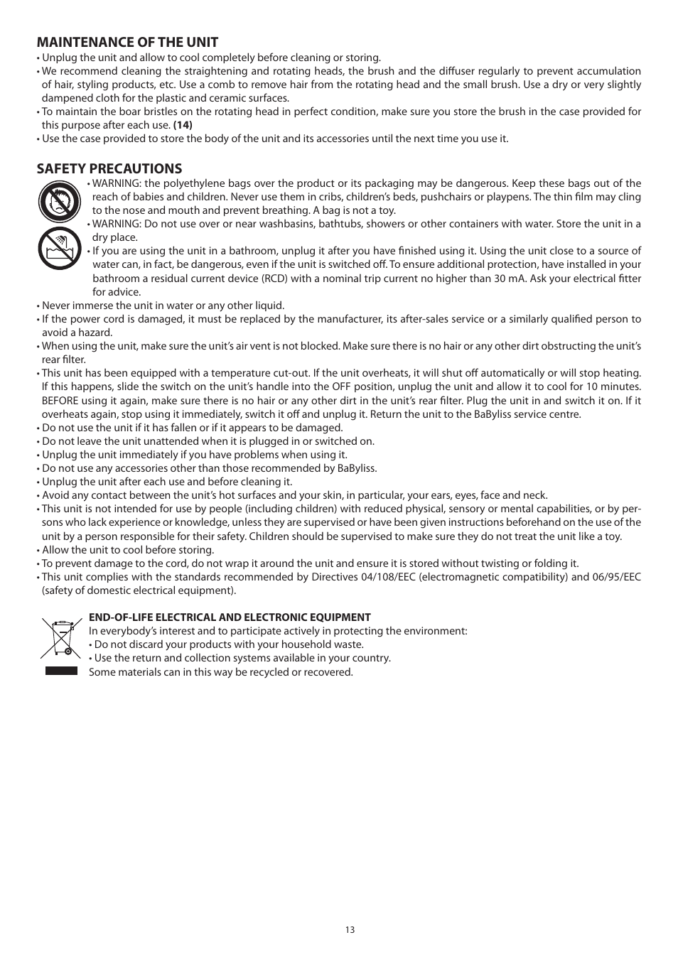 Maintenance of the unit, Safety precautions | Babyliss 2735E Beliss brushing 1000W User Manual | Page 13 / 73