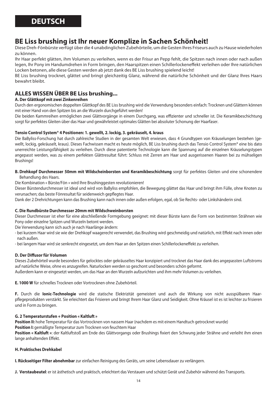Deutsch, Alles wissen über be liss brushing | Babyliss 2735E Beliss brushing 1000W User Manual | Page 14 / 73