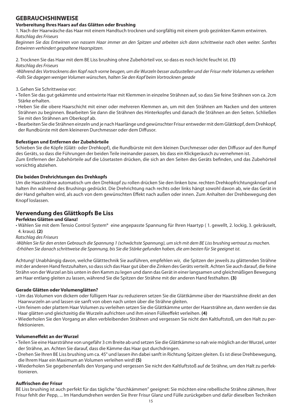 Gebrauchshinweise, Verwendung des glättkopfs be liss | Babyliss 2735E Beliss brushing 1000W User Manual | Page 15 / 73