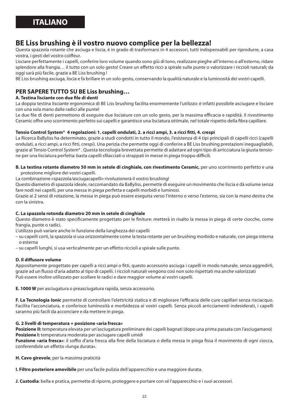 Italiano, Per sapere tutto su be liss brushing | Babyliss 2735E Beliss brushing 1000W User Manual | Page 22 / 73