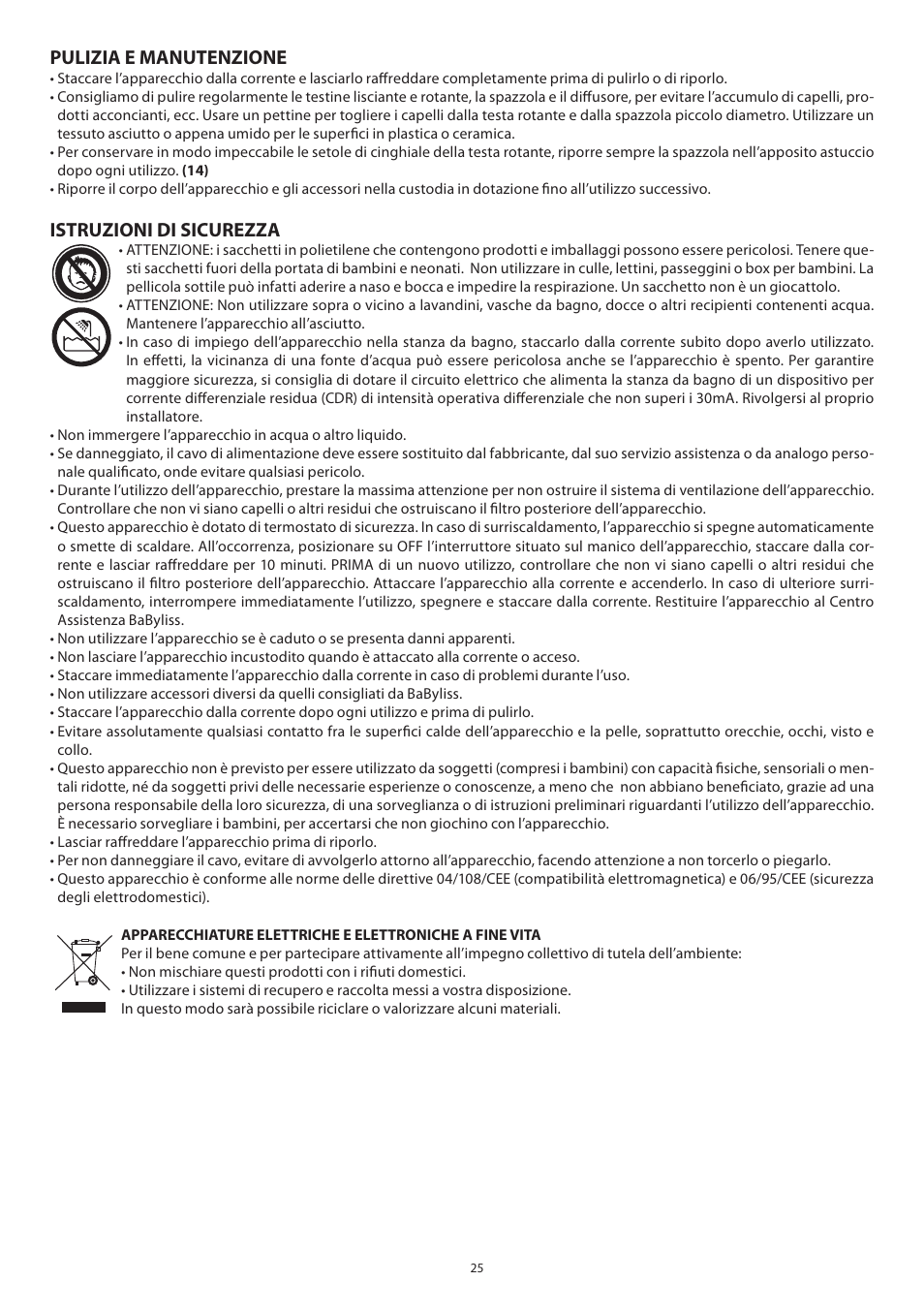 Pulizia e manutenzione, Istruzioni di sicurezza | Babyliss 2735E Beliss brushing 1000W User Manual | Page 25 / 73