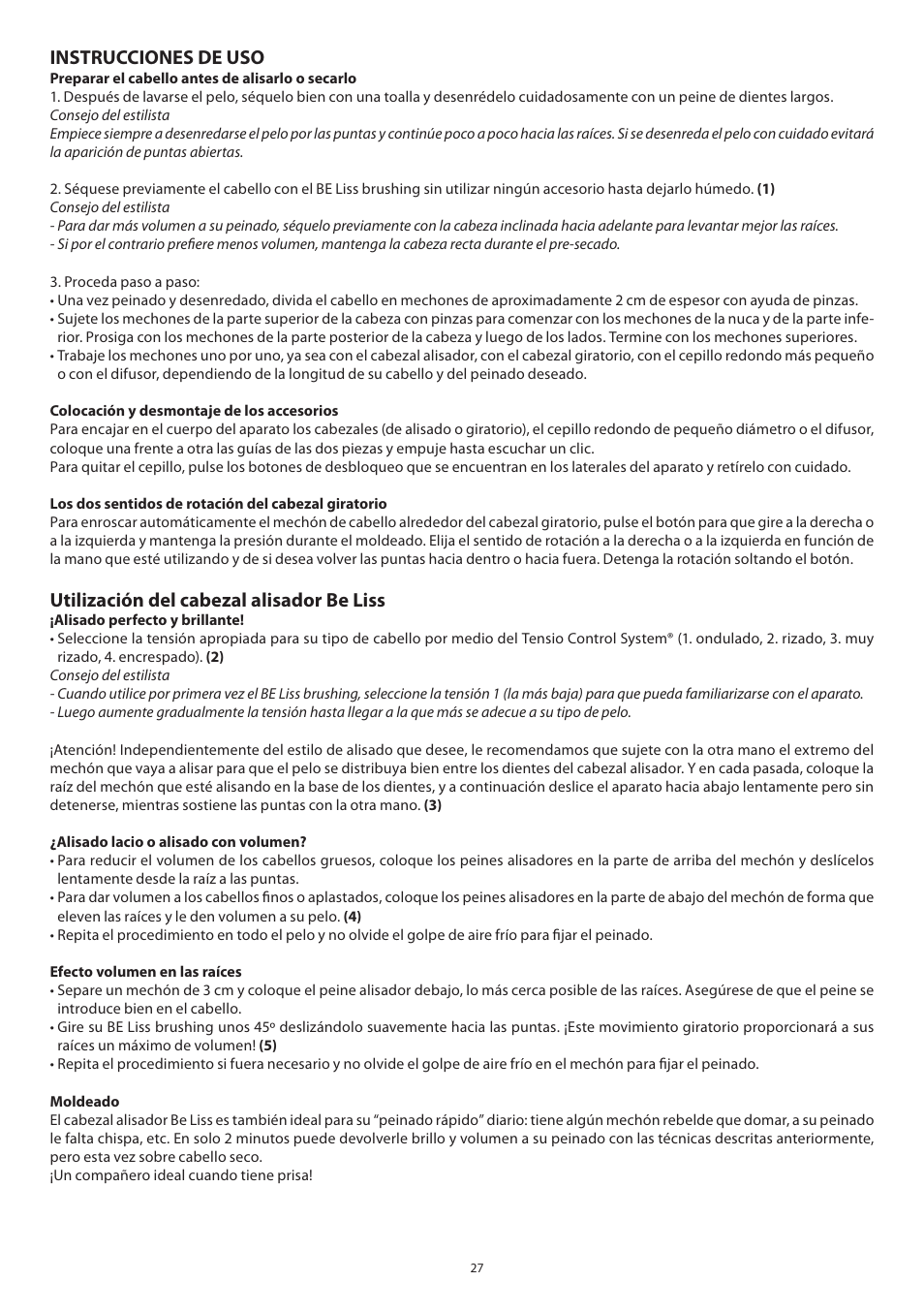 Instrucciones de uso, Utilización del cabezal alisador be liss | Babyliss 2735E Beliss brushing 1000W User Manual | Page 27 / 73