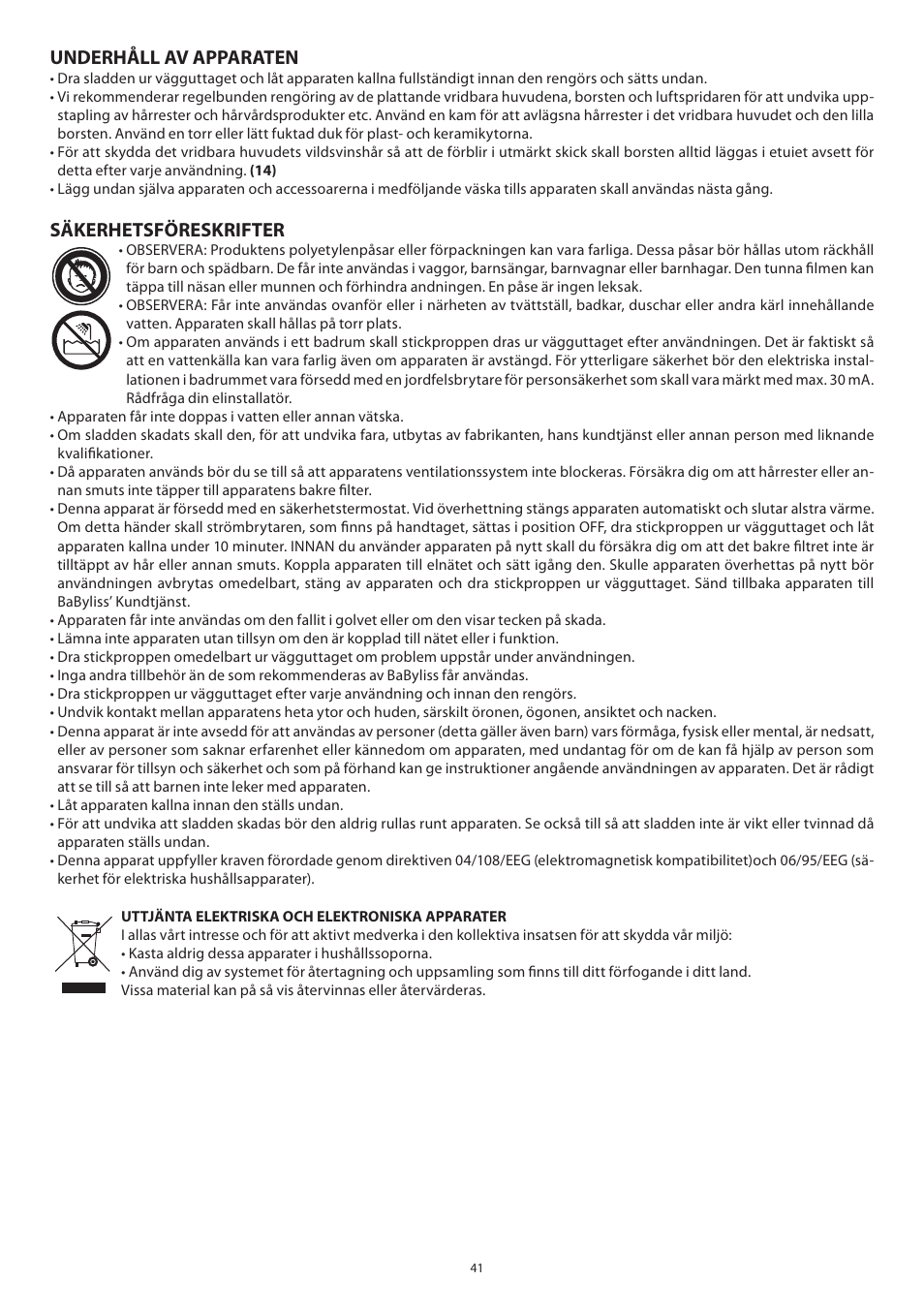 Underhåll av apparaten, Säkerhetsföreskrifter | Babyliss 2735E Beliss brushing 1000W User Manual | Page 41 / 73
