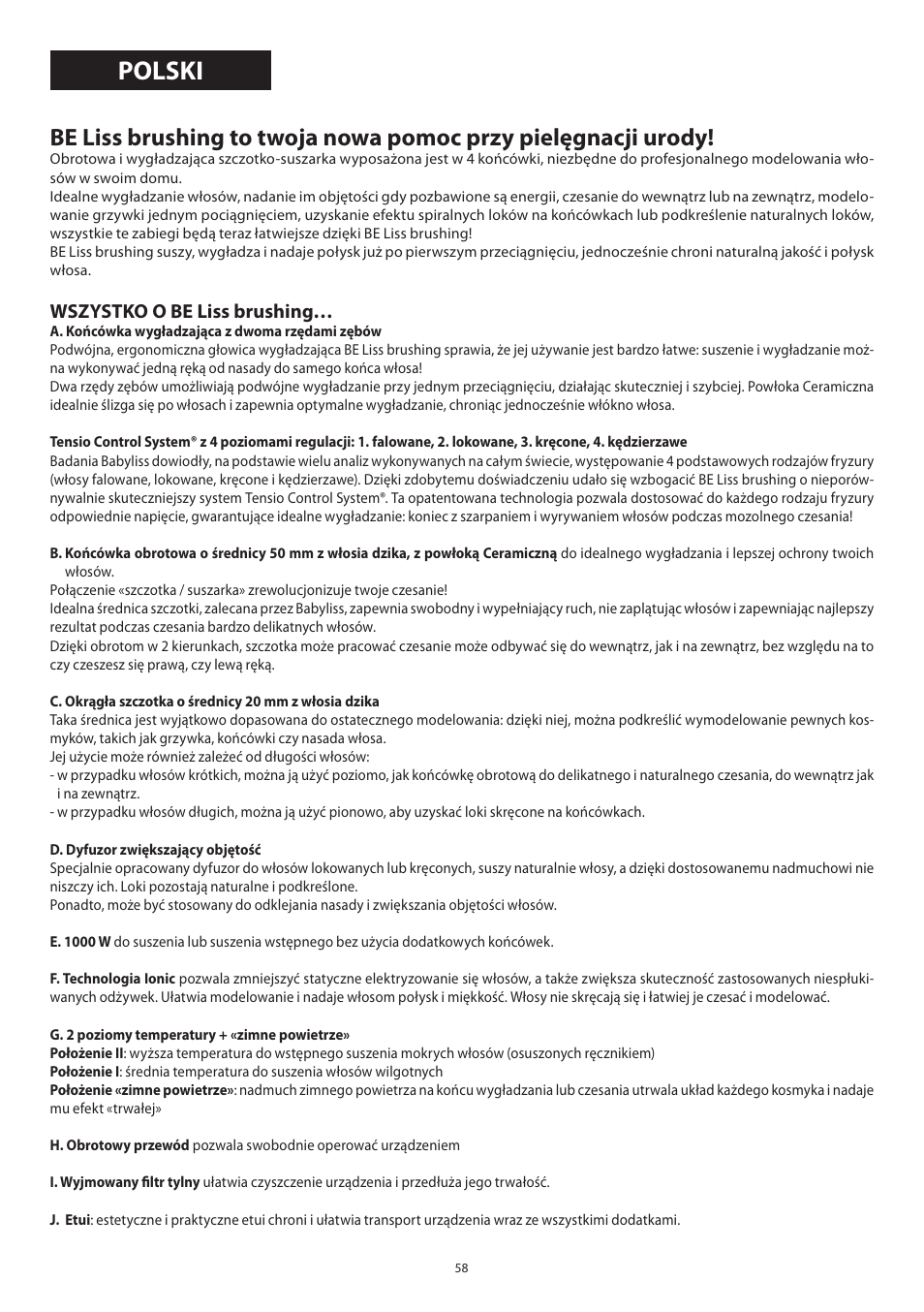 Polski, Wszystko o be liss brushing | Babyliss 2735E Beliss brushing 1000W User Manual | Page 58 / 73