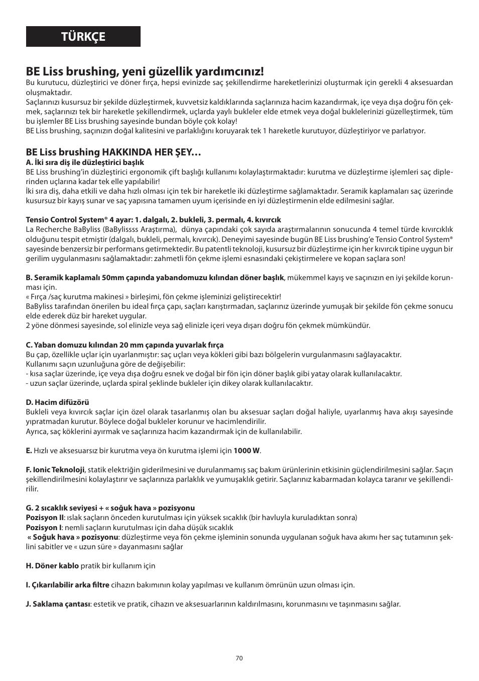 Be liss brushing, yeni güzellik yardımcınız, Türkçe, Be liss brushing hakkinda her şey | Babyliss 2735E Beliss brushing 1000W User Manual | Page 70 / 73