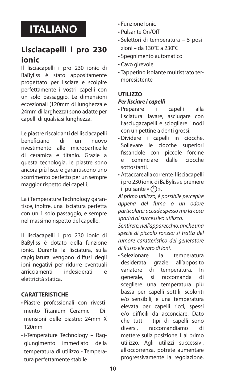 Italiano, Lisciacapelli i pro 230 ionic | Babyliss ST87E iPro 230 ionic User Manual | Page 10 / 35