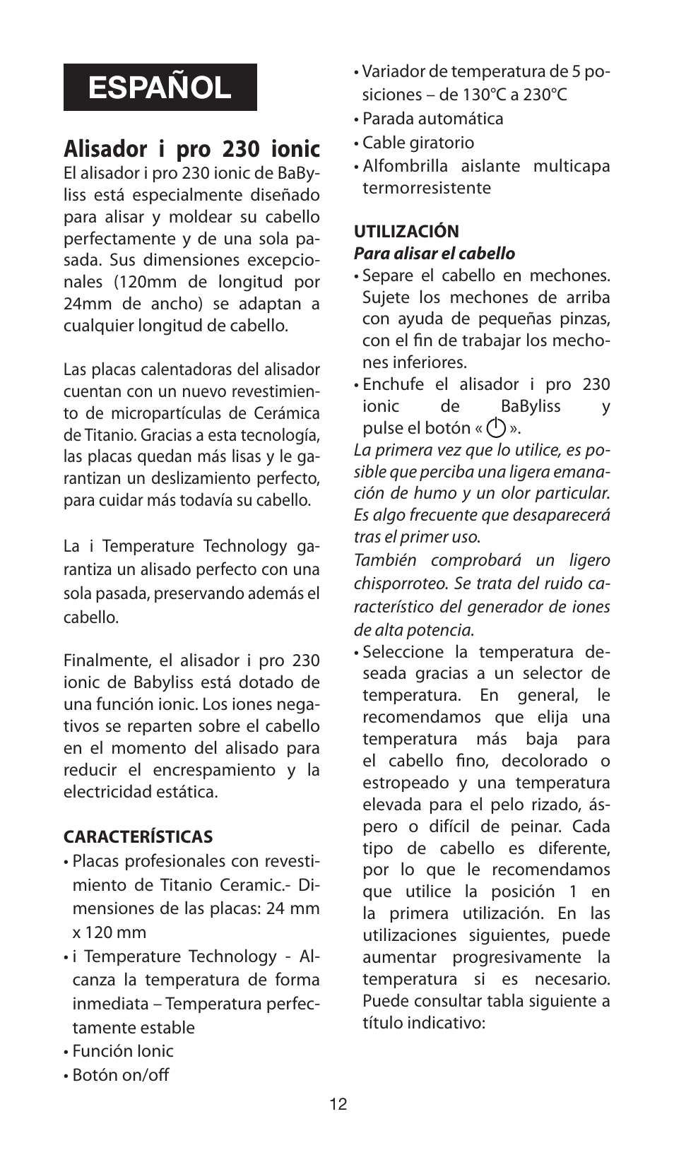 Español, Alisador i pro 230 ionic | Babyliss ST87E iPro 230 ionic User Manual | Page 12 / 35