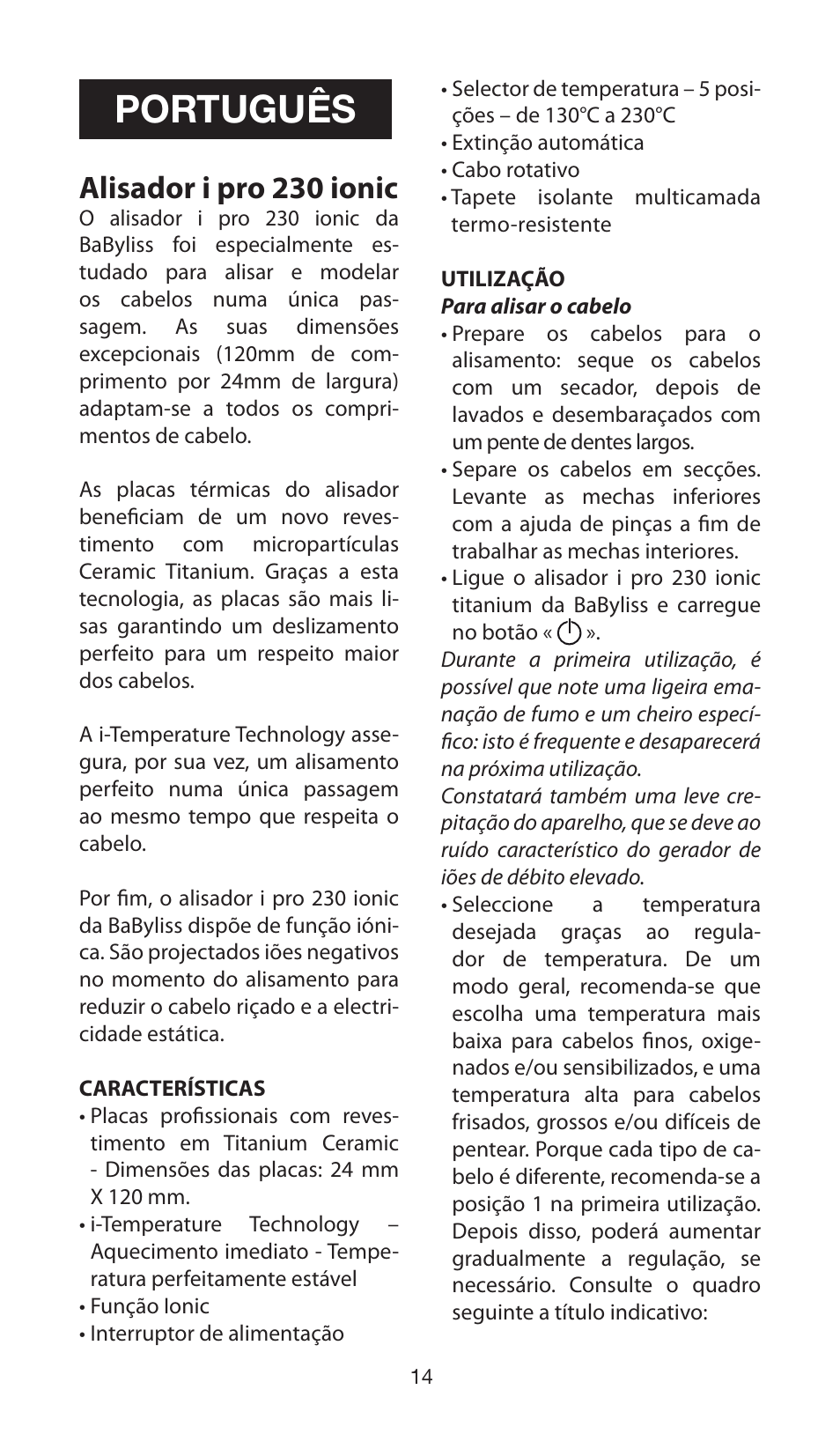 Português, Alisador i pro 230 ionic | Babyliss ST87E iPro 230 ionic User Manual | Page 14 / 35