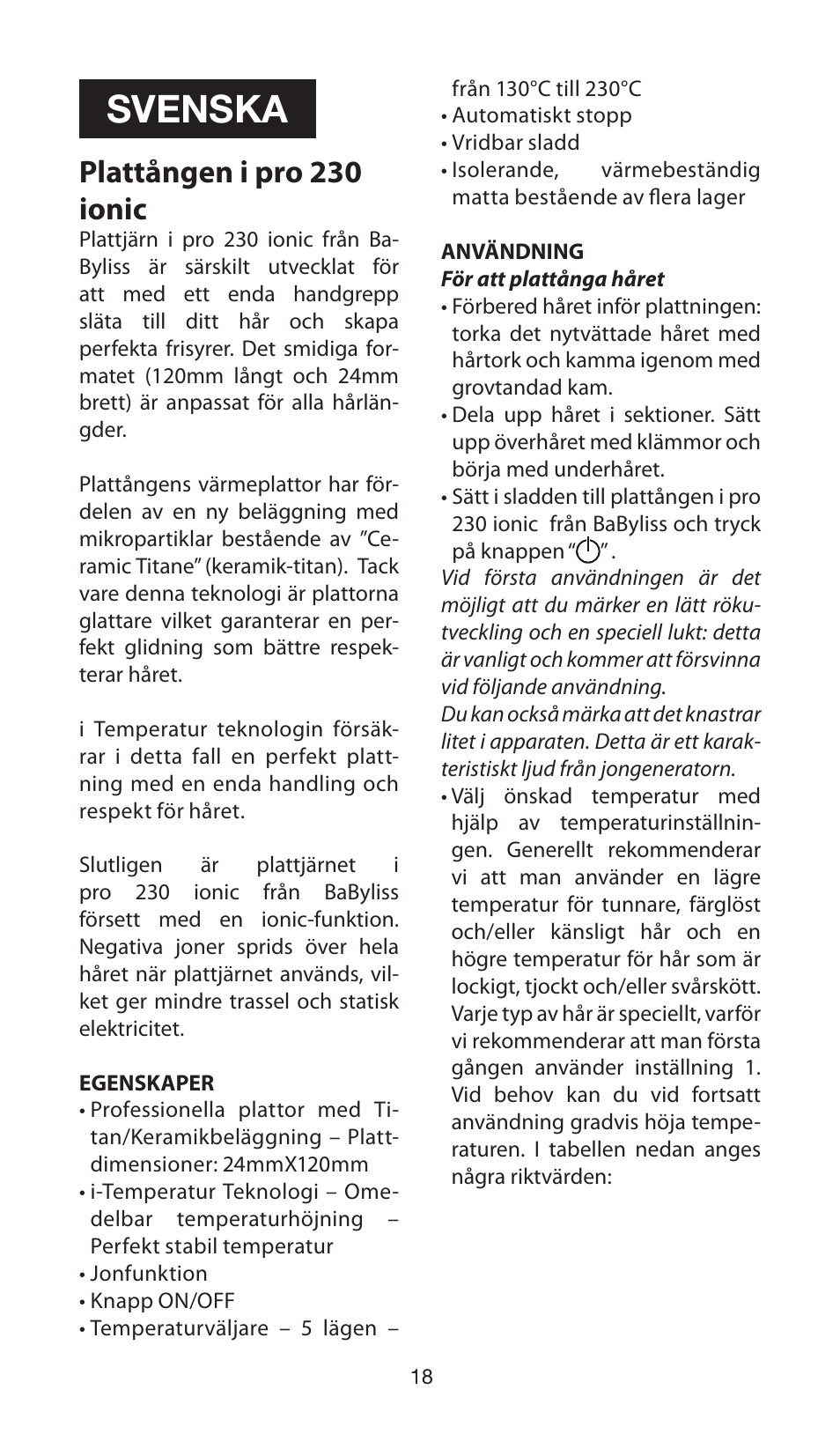 Svenska, Plattången i pro 230 ionic | Babyliss ST87E iPro 230 ionic User Manual | Page 18 / 35