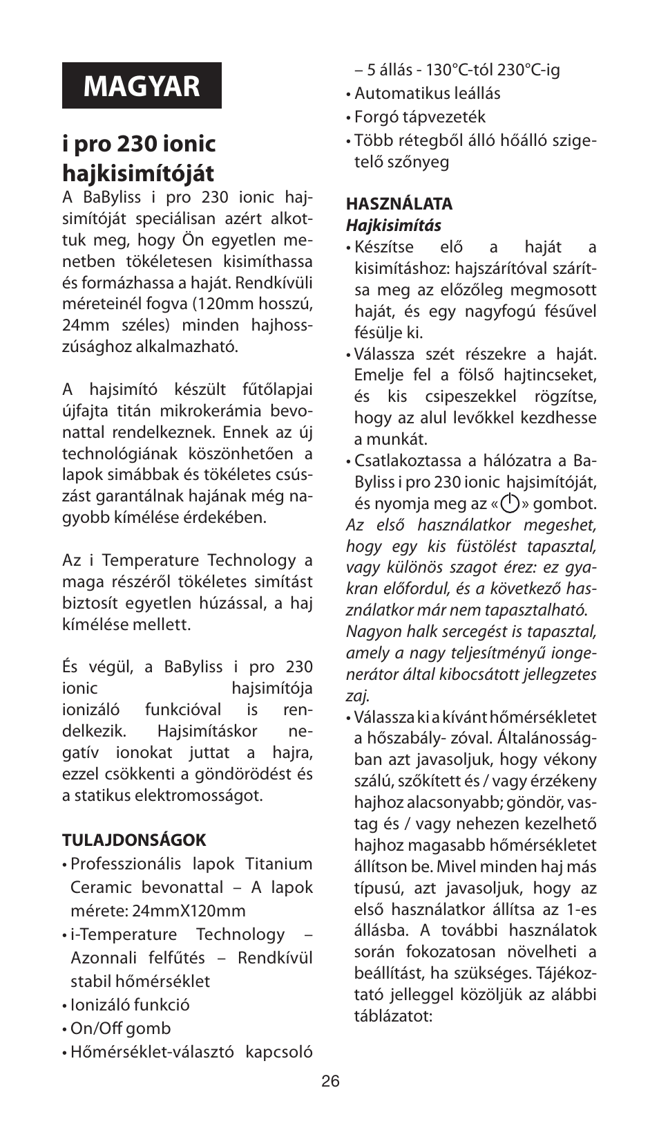 Magyar, I pro 230 ionic hajkisimítóját | Babyliss ST87E iPro 230 ionic User Manual | Page 26 / 35