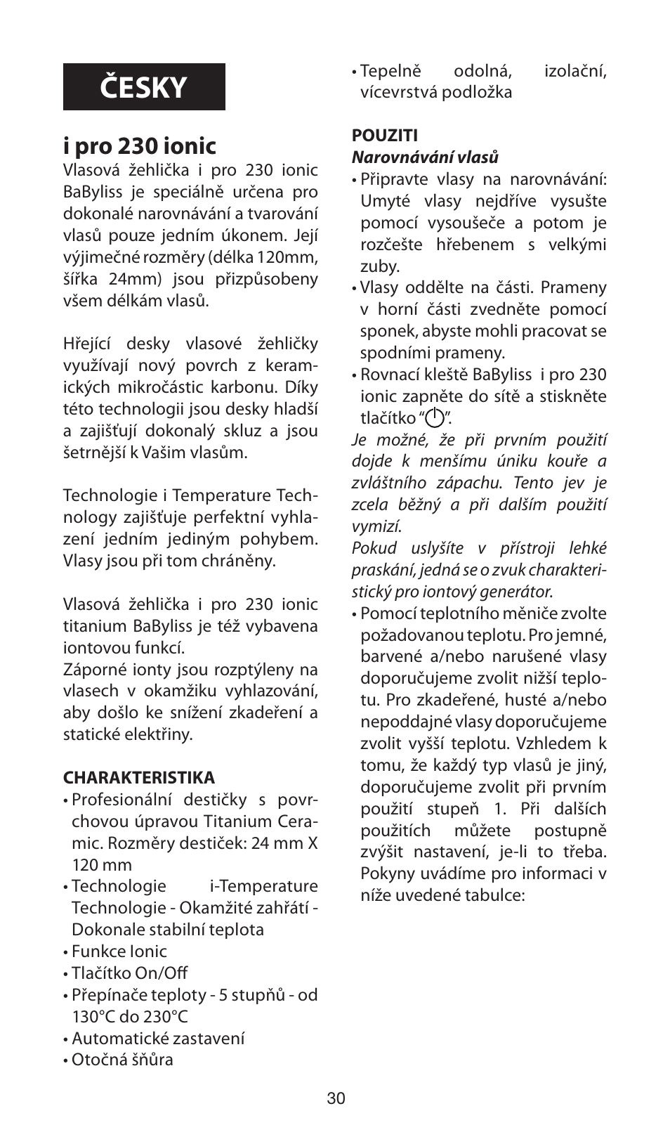 Česky, I pro 230 ionic | Babyliss ST87E iPro 230 ionic User Manual | Page 30 / 35