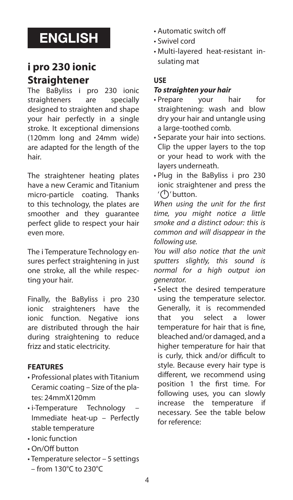 English, I pro 230 ionic straightener | Babyliss ST87E iPro 230 ionic User Manual | Page 4 / 35