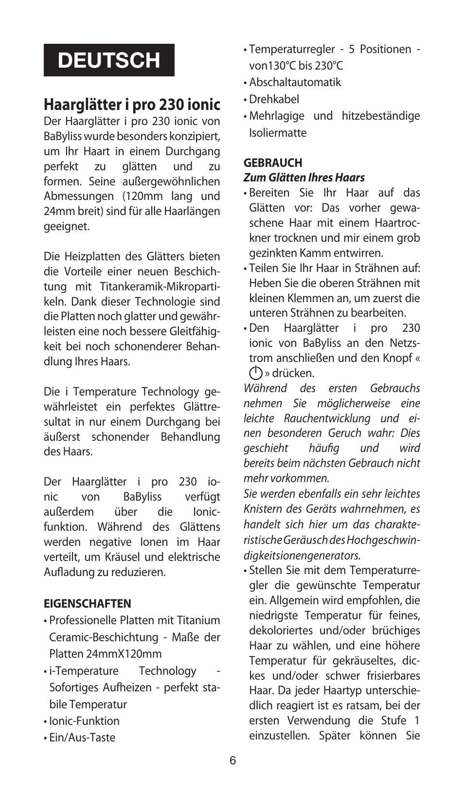 Deutsch, Haarglätter i pro 230 ionic | Babyliss ST87E iPro 230 ionic User Manual | Page 6 / 35