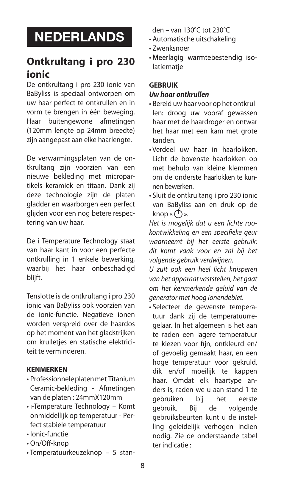 Nederlands, Ontkrultang i pro 230 ionic | Babyliss ST87E iPro 230 ionic User Manual | Page 8 / 35