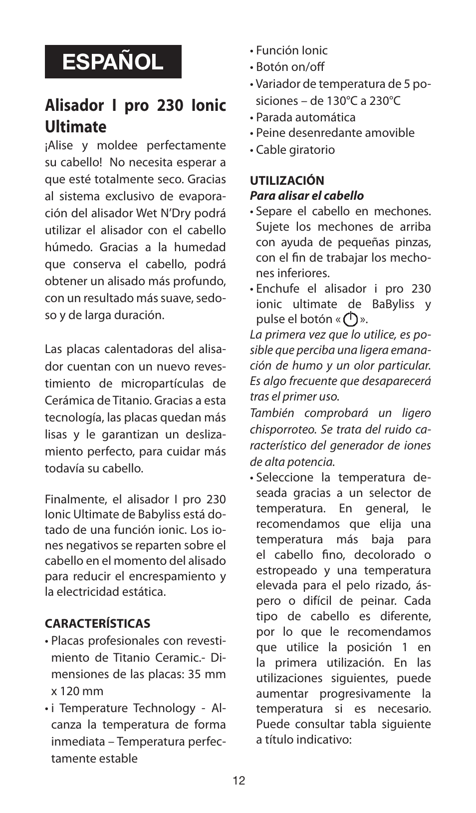 Español, Alisador i pro 230 ionic ultimate | Babyliss ST89E User Manual | Page 12 / 35