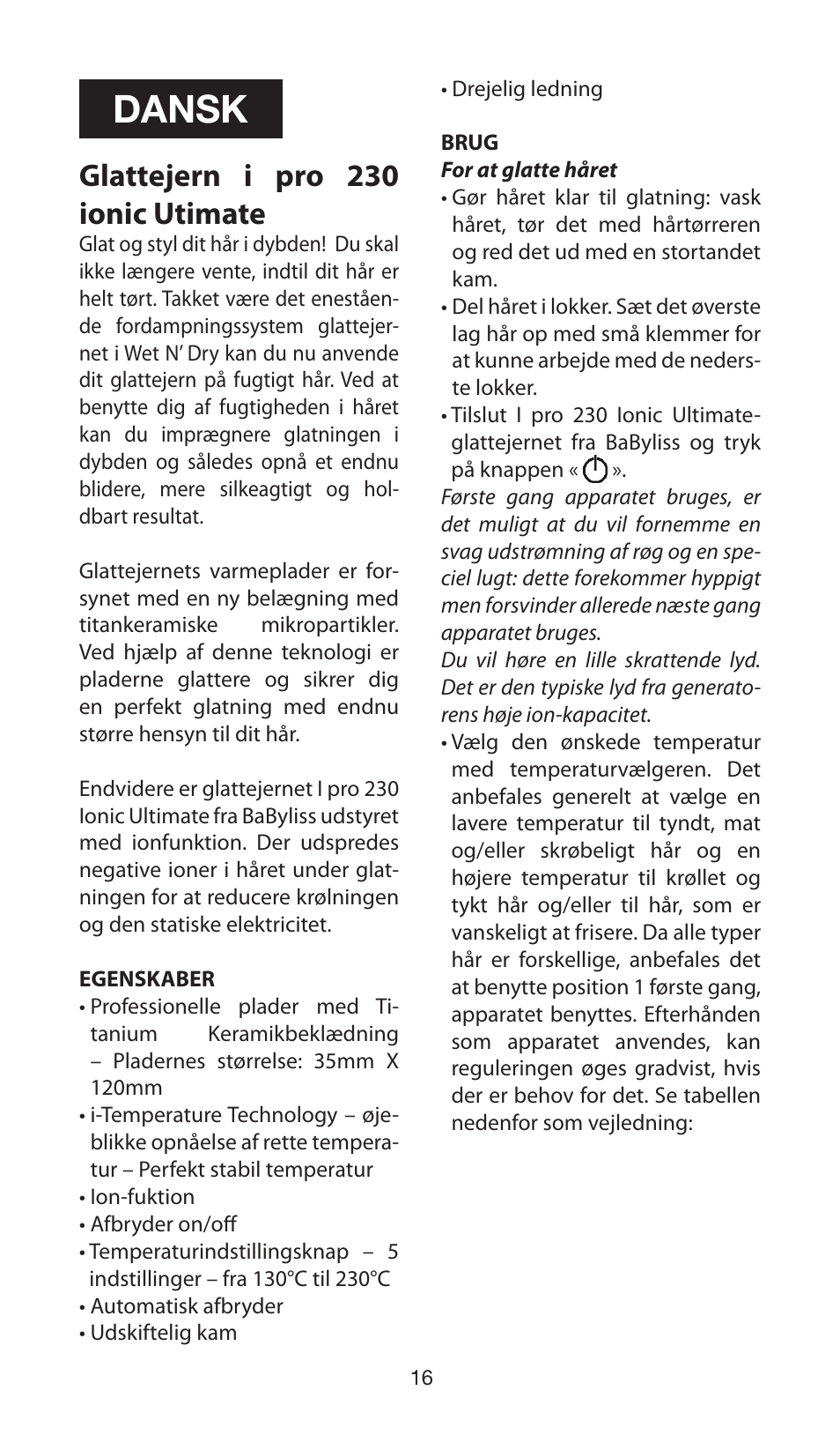 Dansk, Glattejern i pro 230 ionic utimate | Babyliss ST89E User Manual | Page 16 / 35