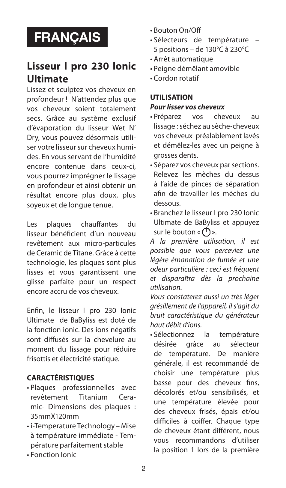 Français, Lisseur i pro 230 ionic ultimate | Babyliss ST89E User Manual | Page 2 / 35