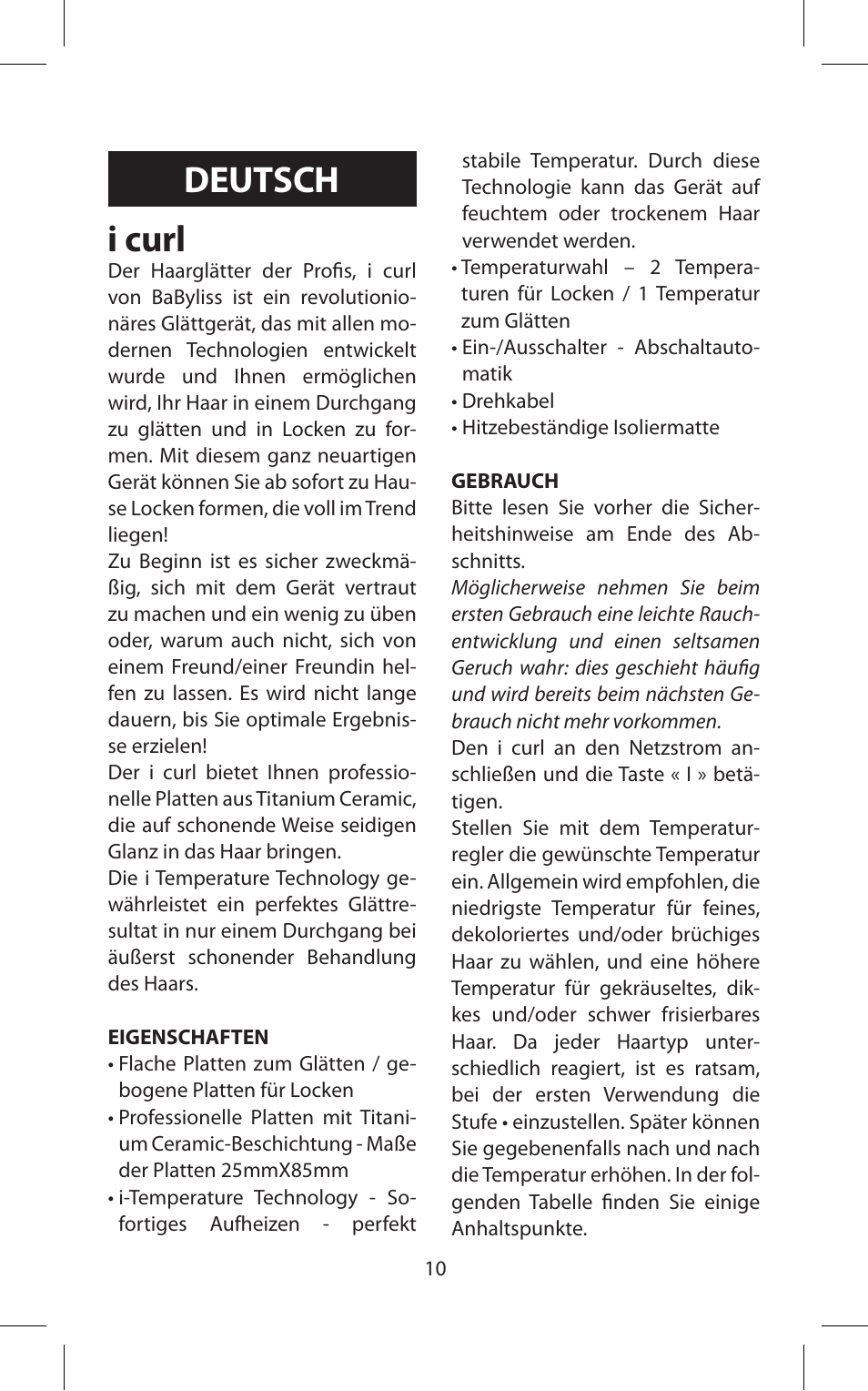 I curl, Deutsch | Babyliss ST70E iPro 230 iCurl User Manual | Page 10 / 58