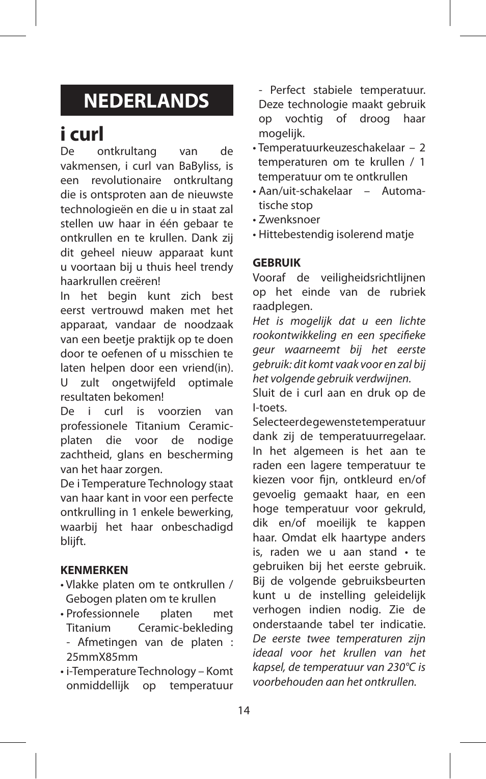 I curl, Nederlands | Babyliss ST70E iPro 230 iCurl User Manual | Page 14 / 58