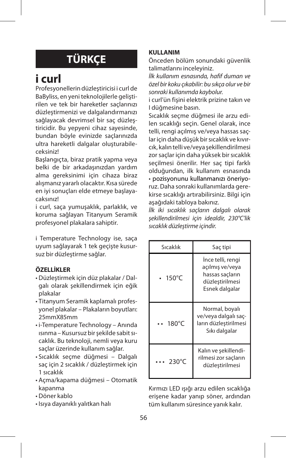 I curl, Türkçe | Babyliss ST70E iPro 230 iCurl User Manual | Page 56 / 58