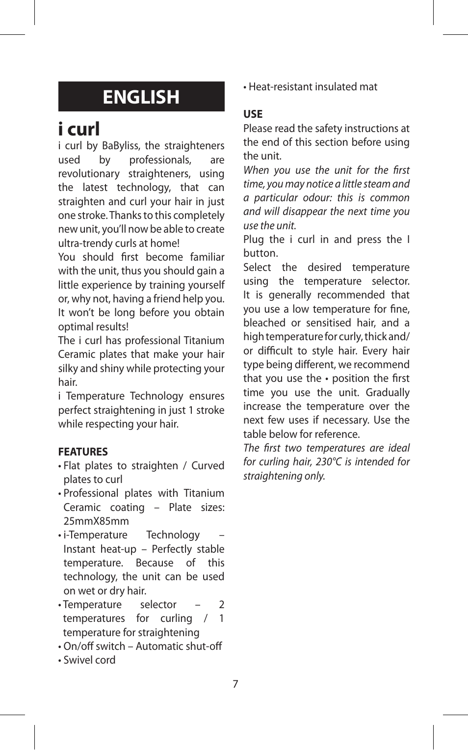 English i curl | Babyliss ST70E iPro 230 iCurl User Manual | Page 7 / 58