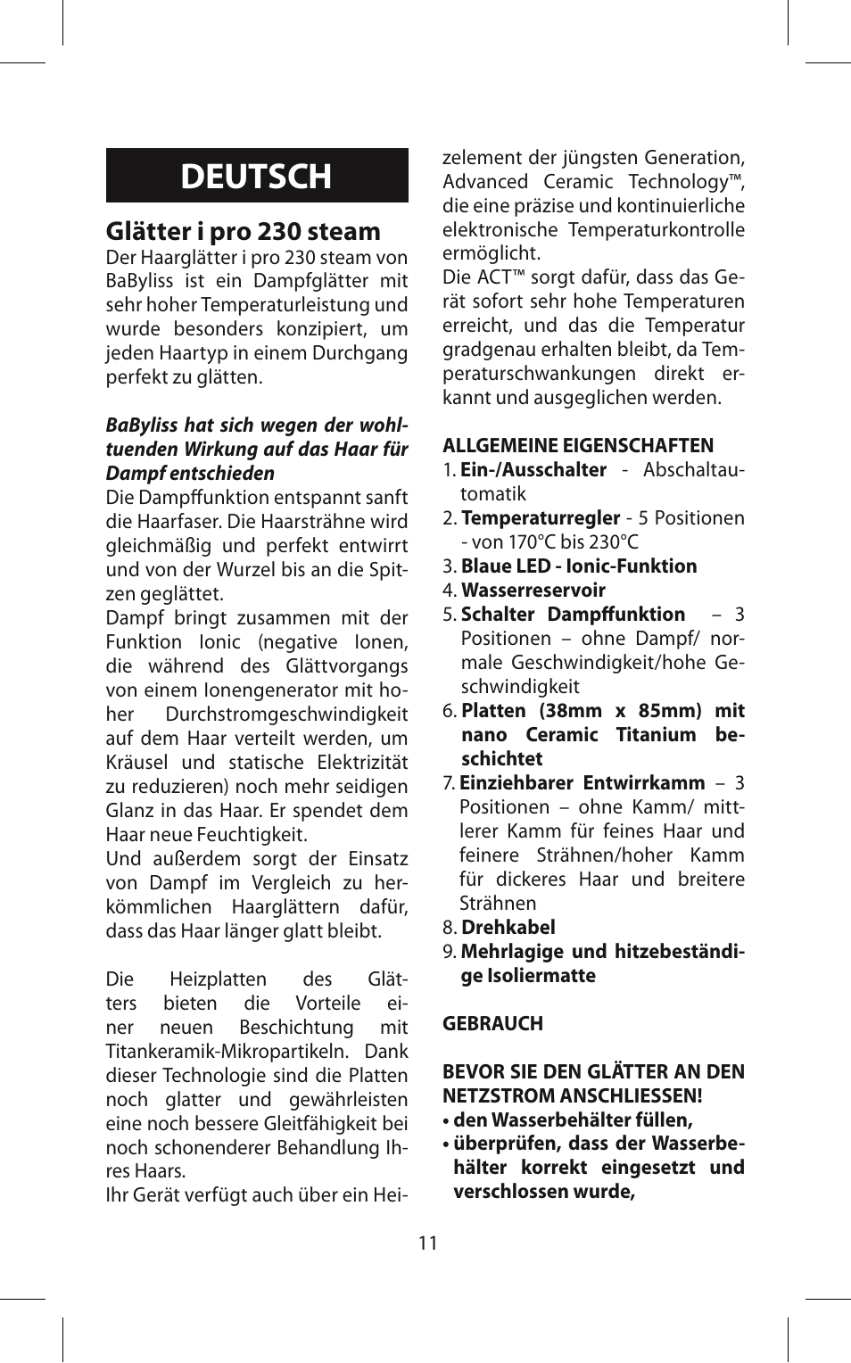 Deutsch, Glätter i pro 230 steam | Babyliss ST95E iPro 230 Steam User Manual | Page 11 / 72