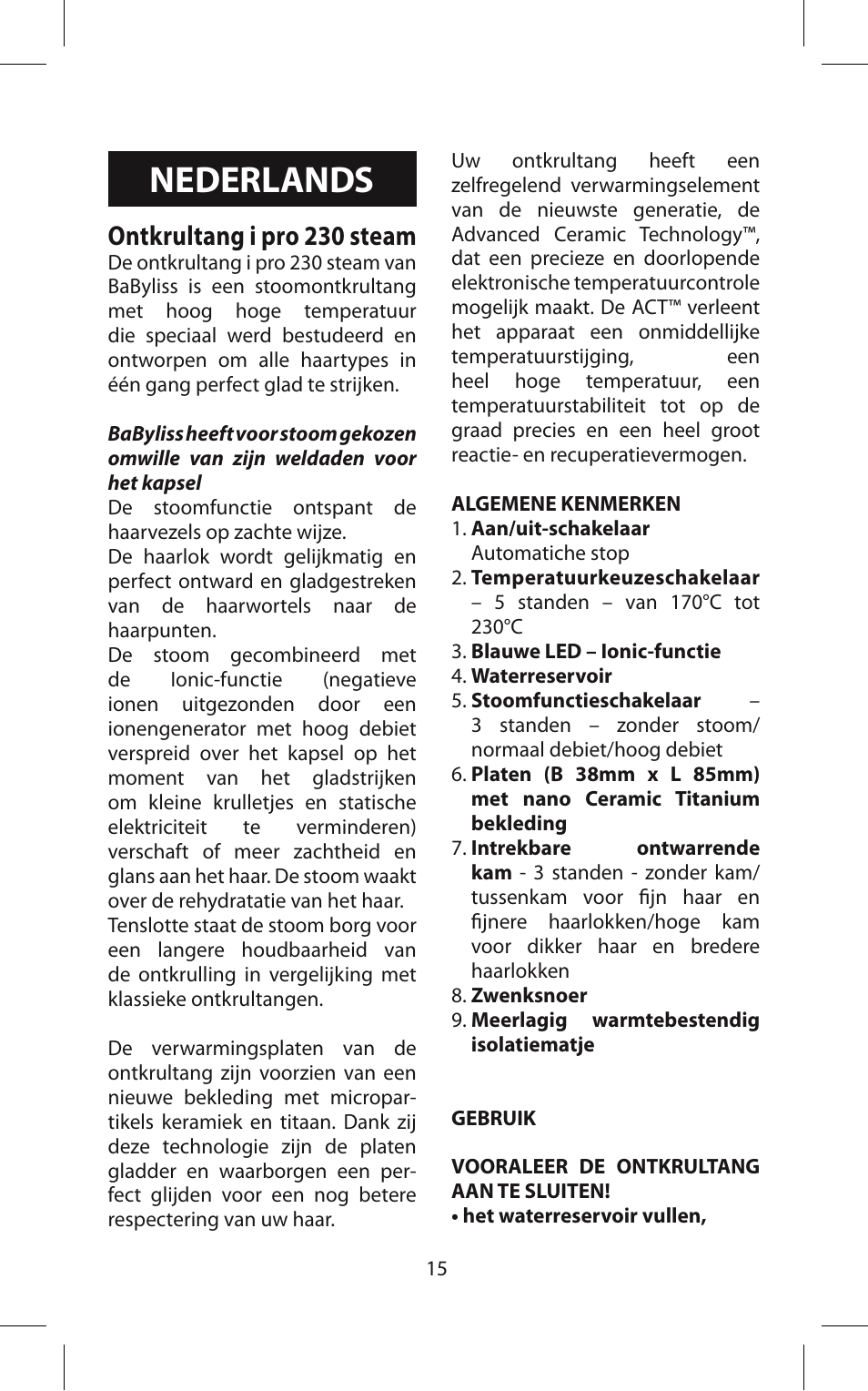 Nederlands, Ontkrultang i pro 230 steam | Babyliss ST95E iPro 230 Steam User Manual | Page 15 / 72