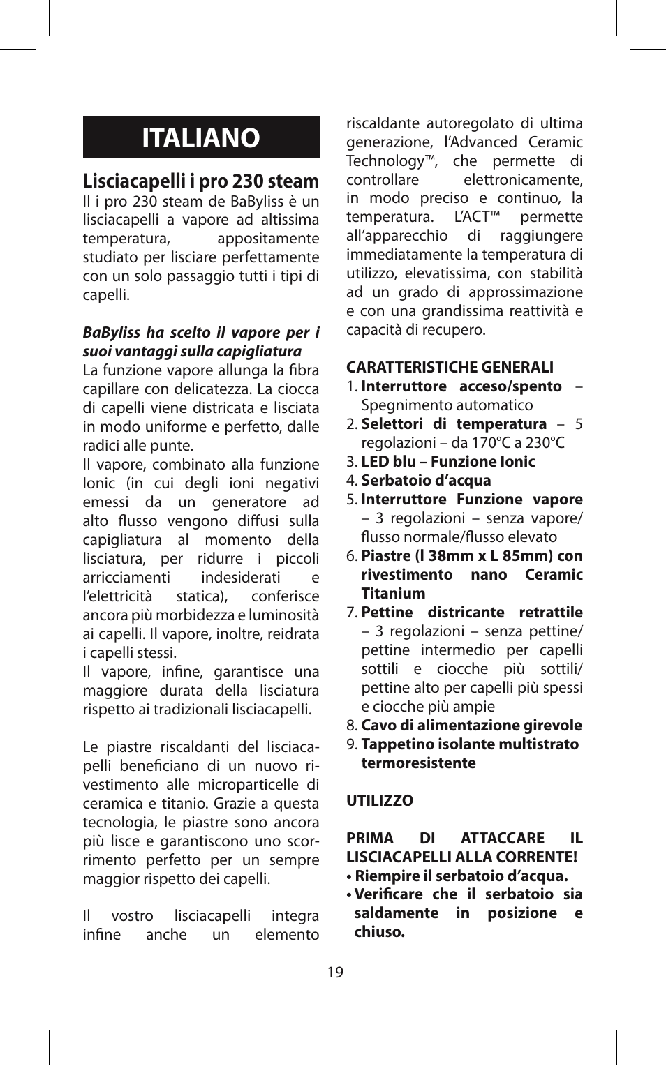 Italiano, Lisciacapelli i pro 230 steam | Babyliss ST95E iPro 230 Steam User Manual | Page 19 / 72