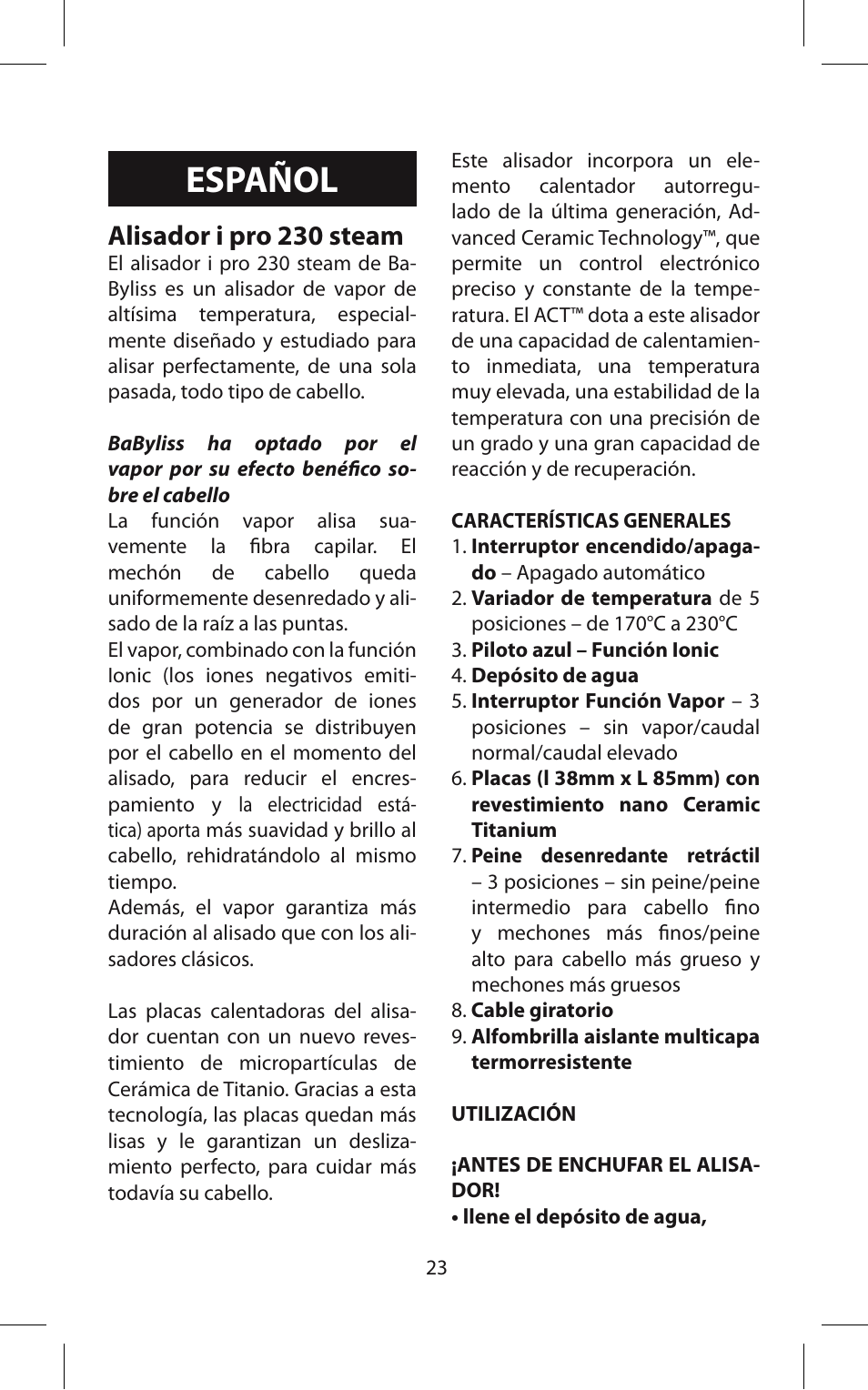 Español, Alisador i pro 230 steam | Babyliss ST95E iPro 230 Steam User Manual | Page 23 / 72