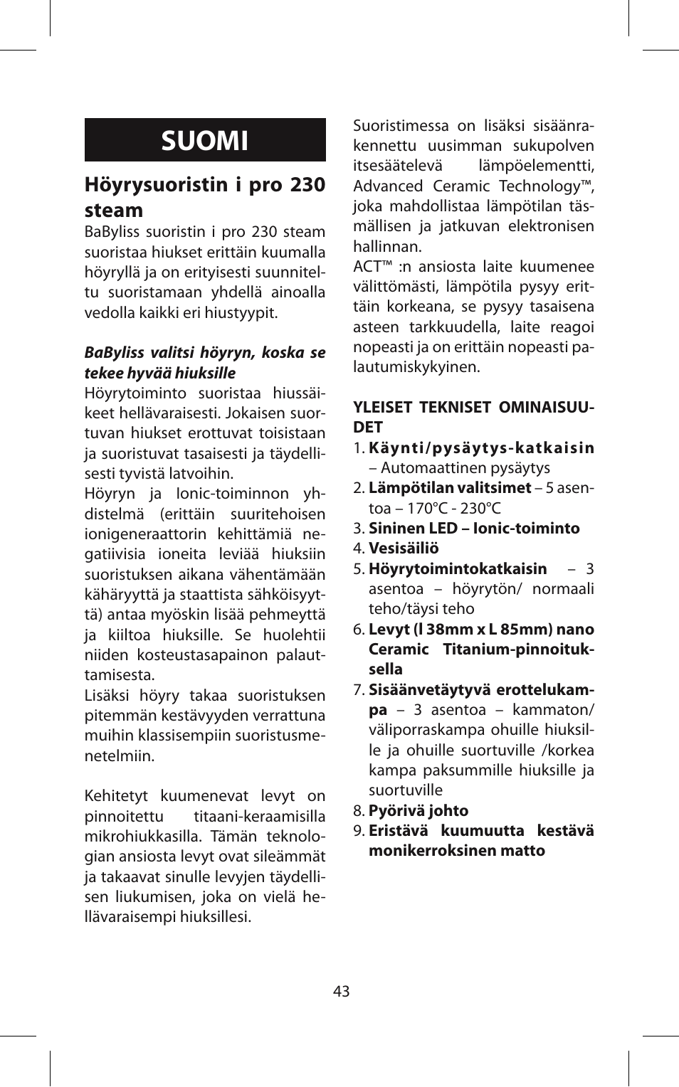 Suomi, Höyrysuoristin i pro 230 steam | Babyliss ST95E iPro 230 Steam User Manual | Page 43 / 72