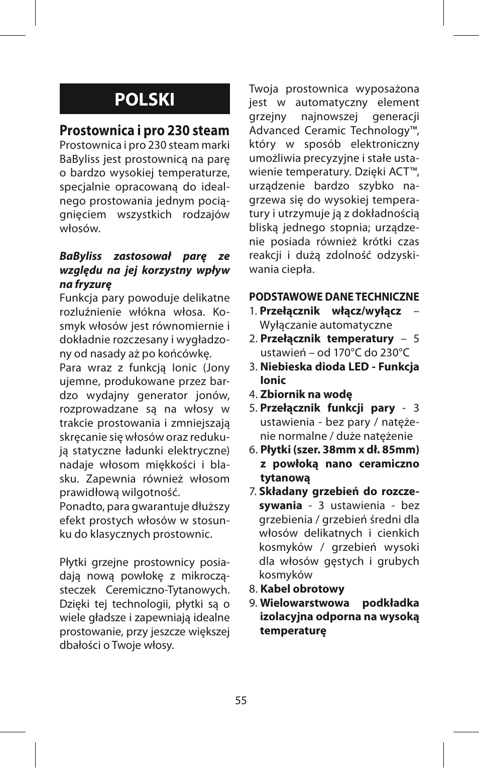 Polski, Prostownica i pro 230 steam | Babyliss ST95E iPro 230 Steam User Manual | Page 55 / 72