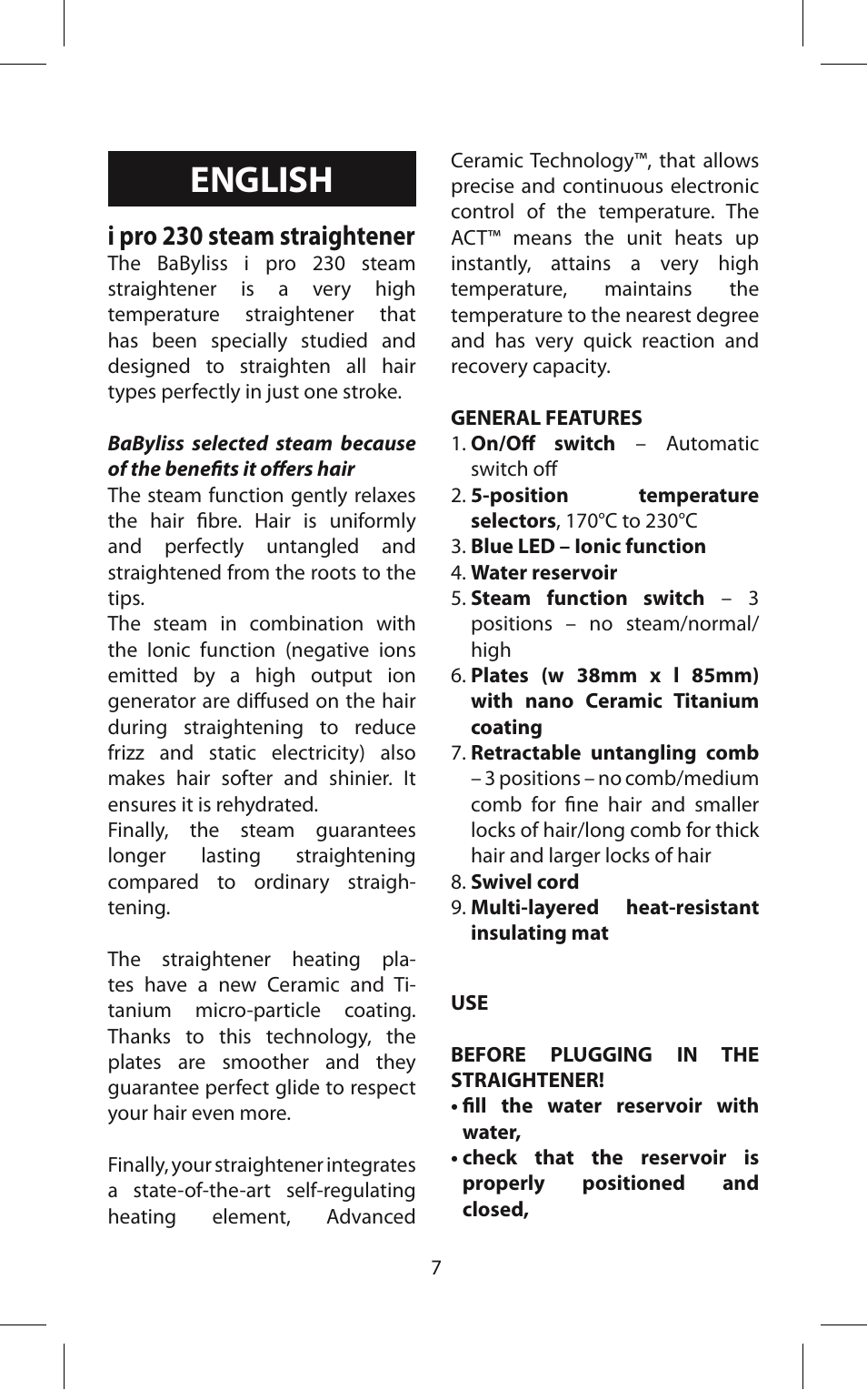 English, I pro 230 steam straightener | Babyliss ST95E iPro 230 Steam User Manual | Page 7 / 72