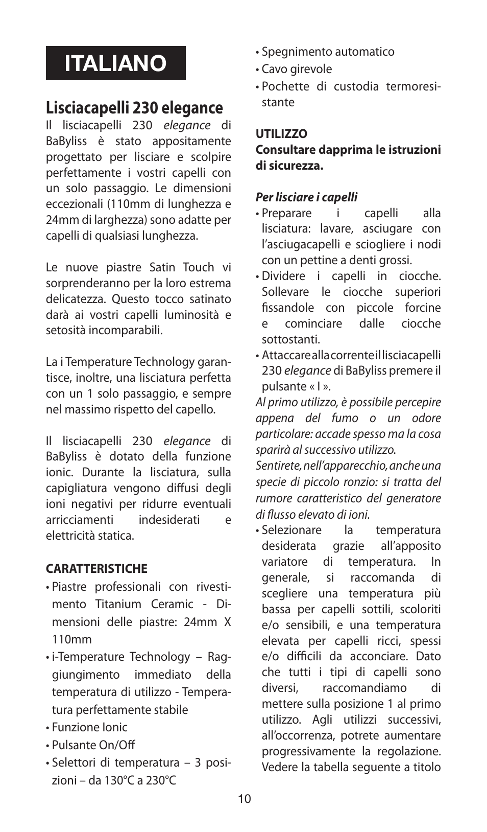 Italiano, Lisciacapelli 230 elegance | Babyliss ST100E 230 elegance User Manual | Page 10 / 35