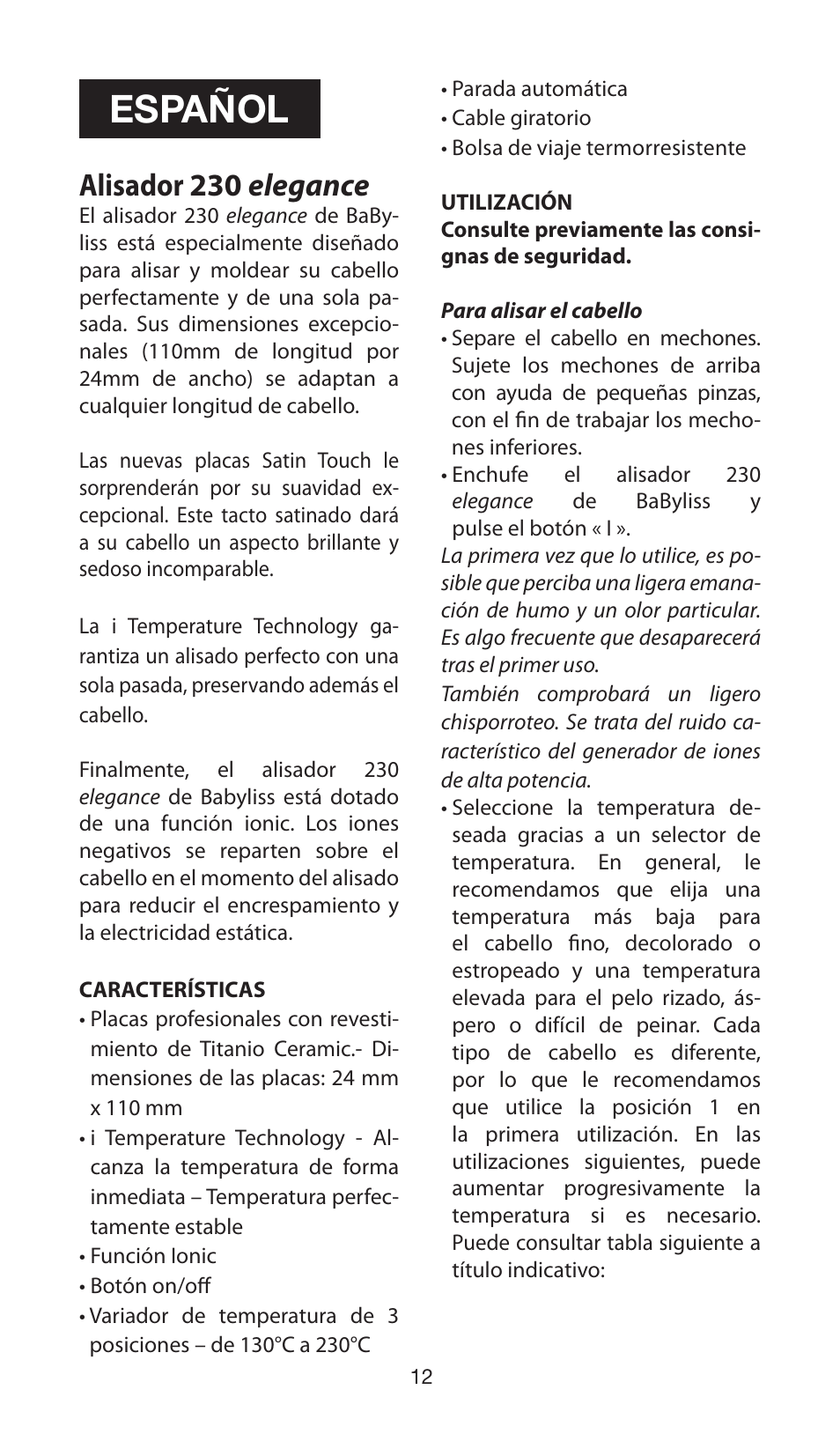 Español, Alisador 230 elegance | Babyliss ST100E 230 elegance User Manual | Page 12 / 35