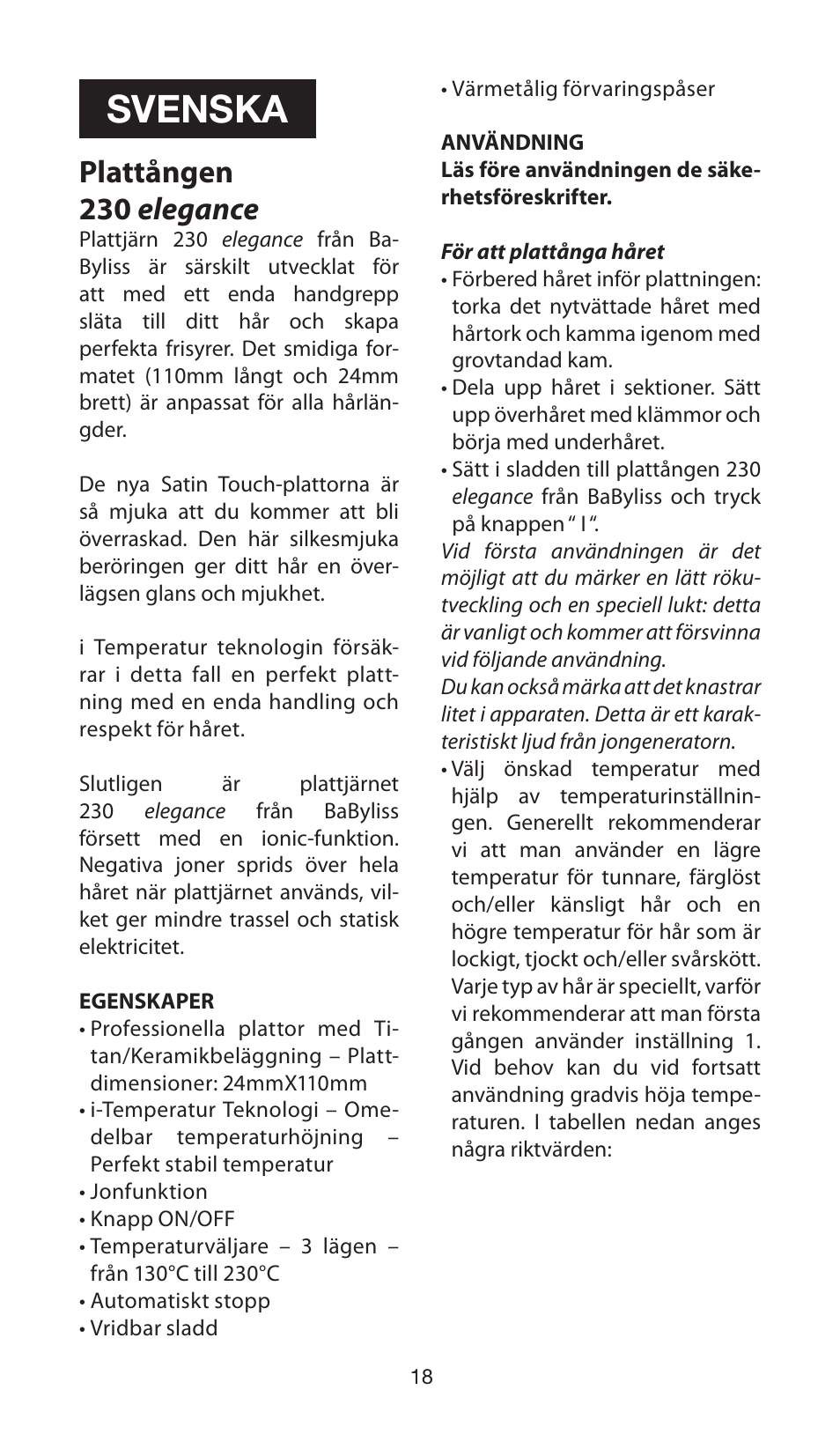 Svenska, Plattången 230 elegance | Babyliss ST100E 230 elegance User Manual | Page 18 / 35