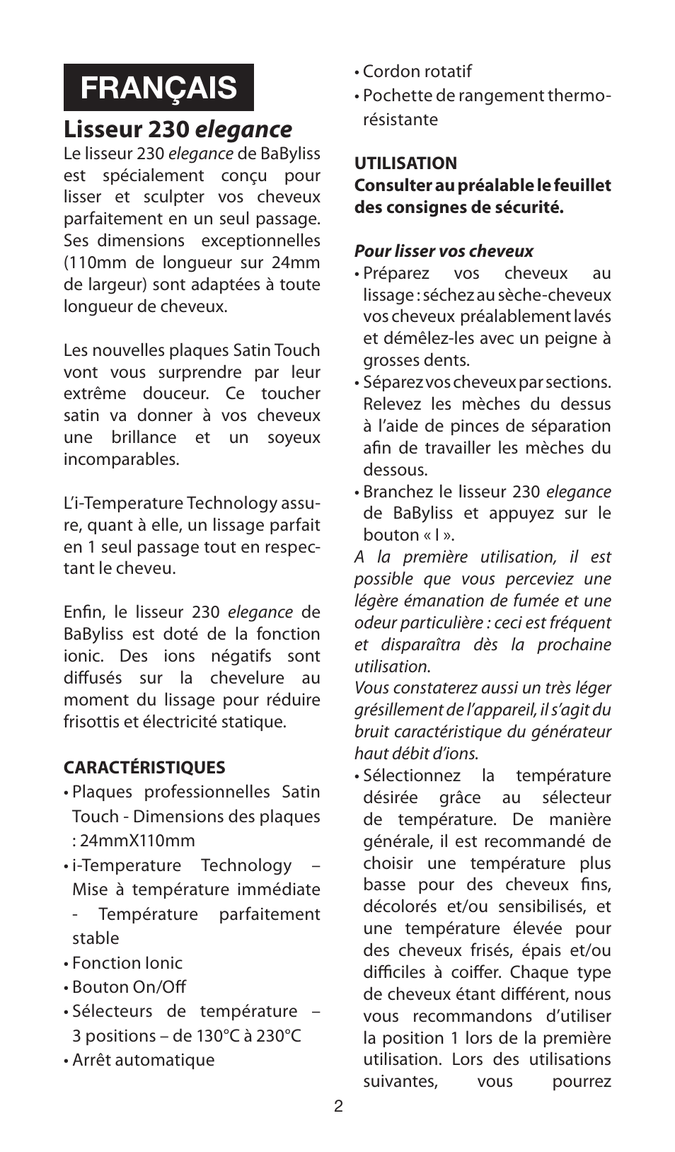 Français, Lisseur 230 elegance | Babyliss ST100E 230 elegance User Manual | Page 2 / 35