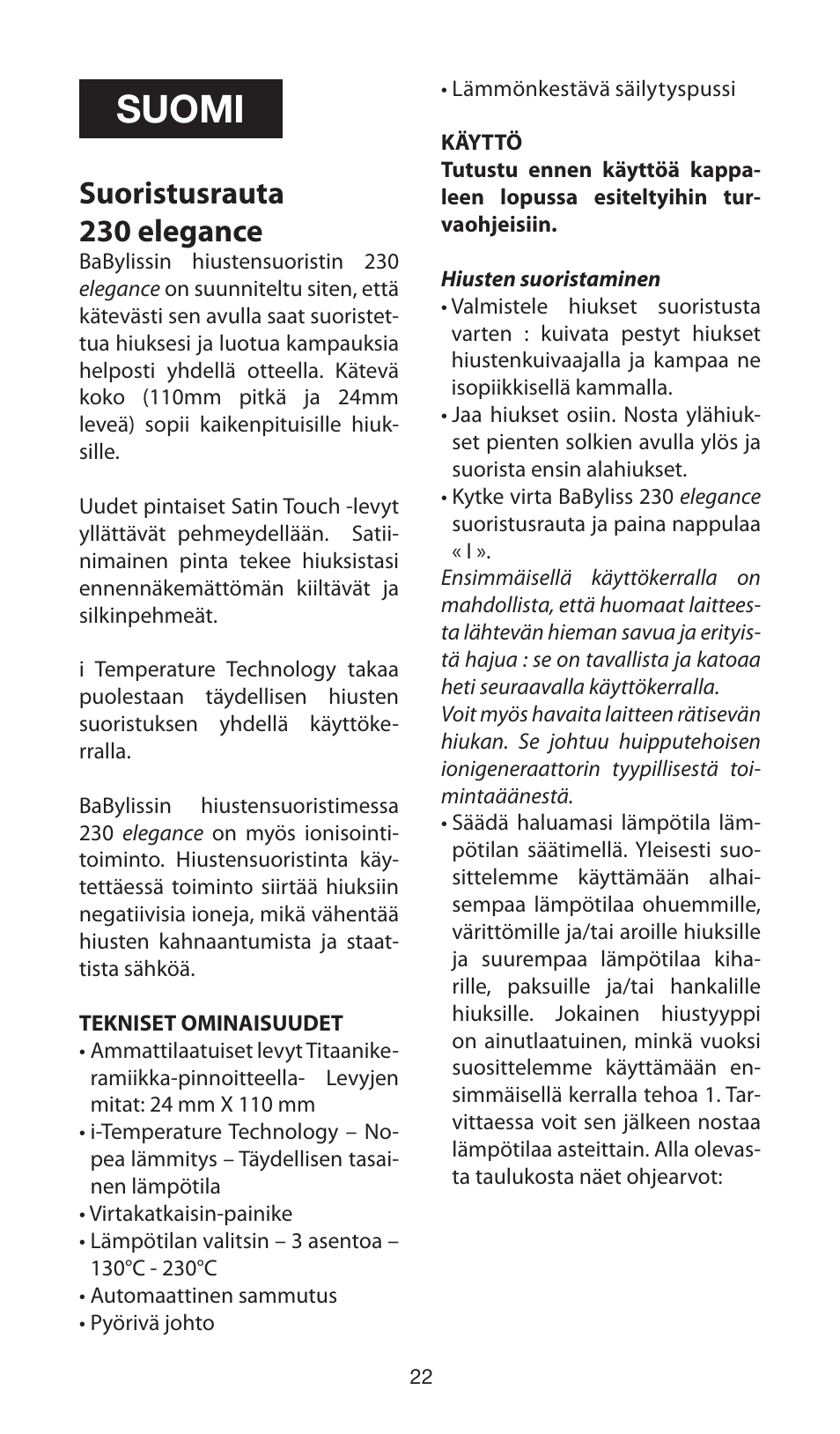 Suomi, Suoristusrauta 230 elegance | Babyliss ST100E 230 elegance User Manual | Page 22 / 35