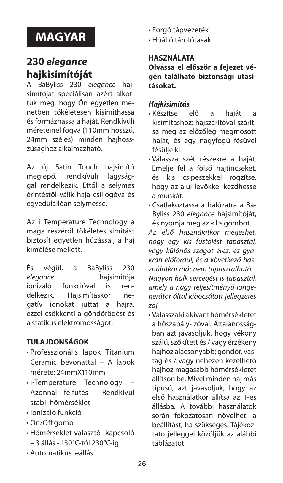 Magyar, 230 elegance hajkisimítóját | Babyliss ST100E 230 elegance User Manual | Page 26 / 35
