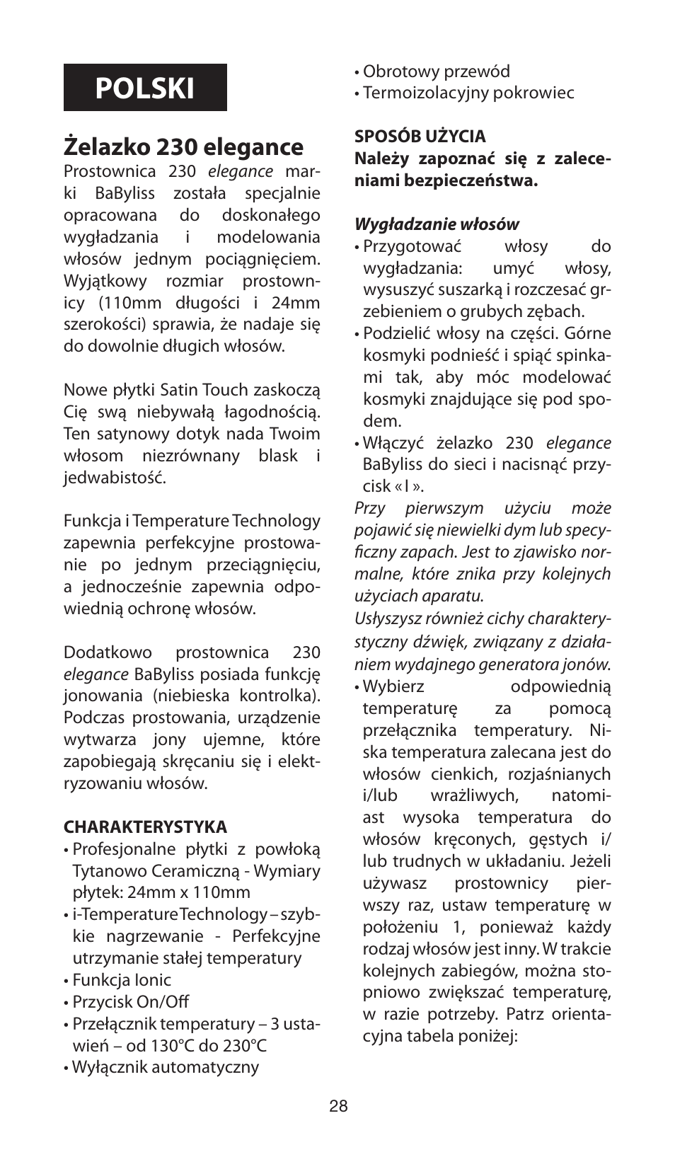 Polski, Żelazko 230 elegance | Babyliss ST100E 230 elegance User Manual | Page 28 / 35