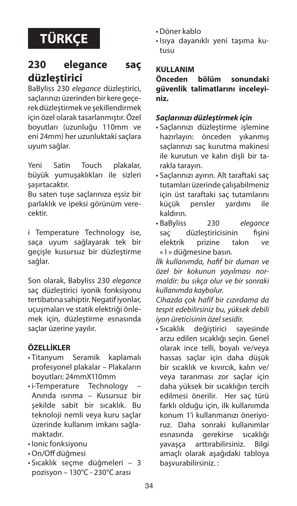 Türkçe, 230 elegance saç düzleştirici | Babyliss ST100E 230 elegance User Manual | Page 34 / 35